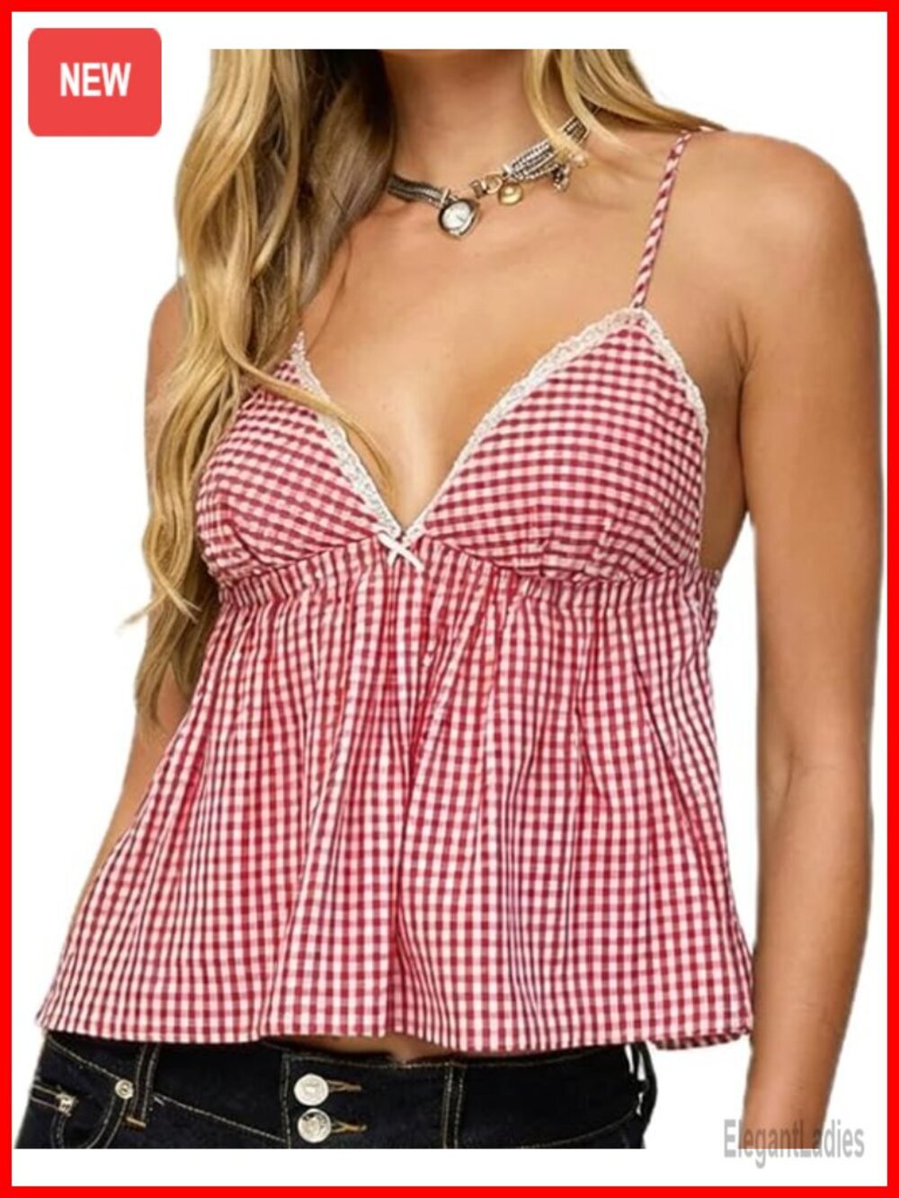 Y2K Plaid Babydoll Cami Top Spaghetti Strap V Neck Peplum Tank Top Backless